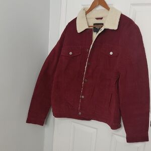 Forever 21 Men's Burgundy Corduroy Jacket with Cream Sherpa Collar